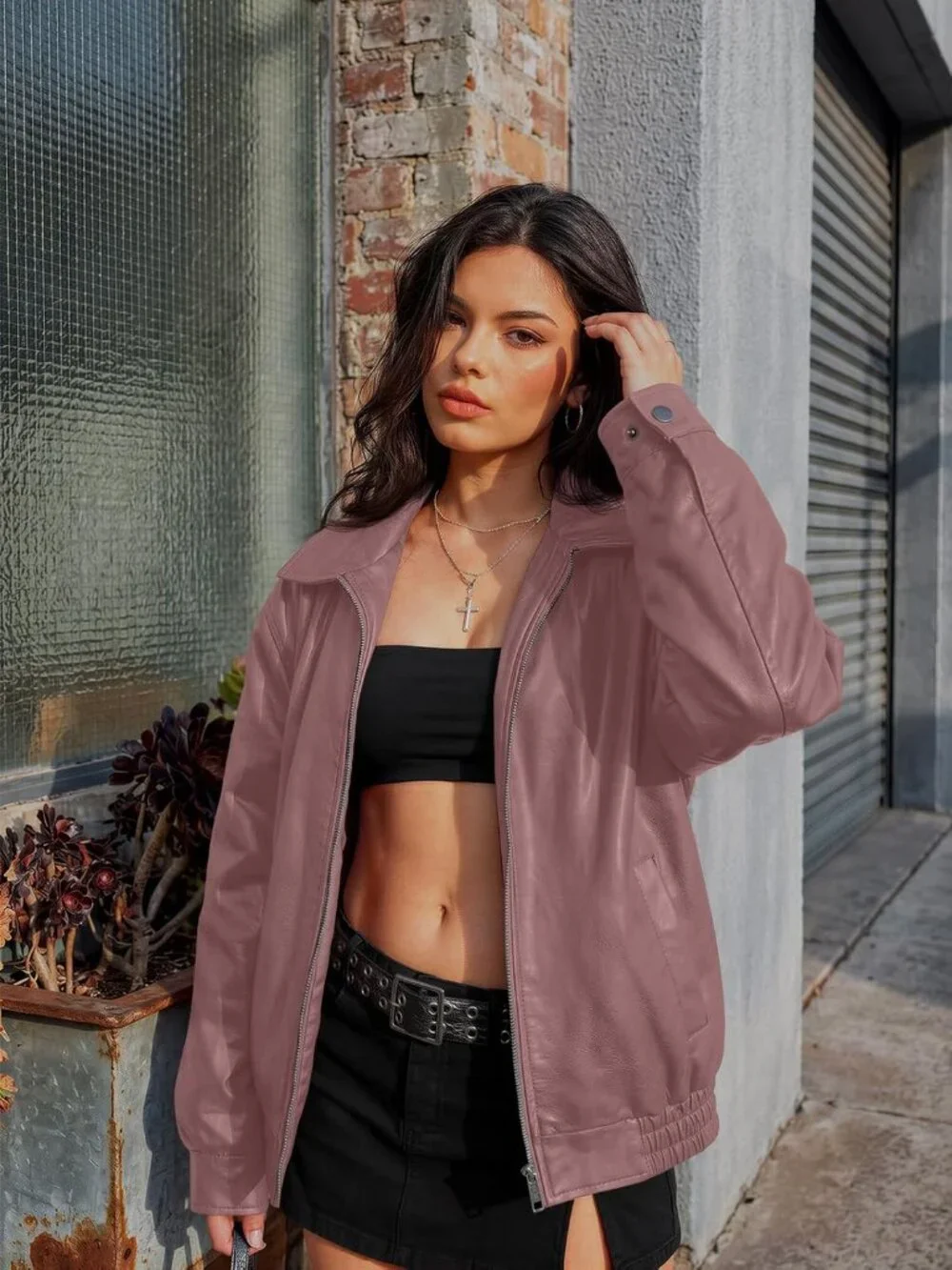 Women's Pink Oversized Faux Leather Loose Weight Fall Winter Outerwear Jacket